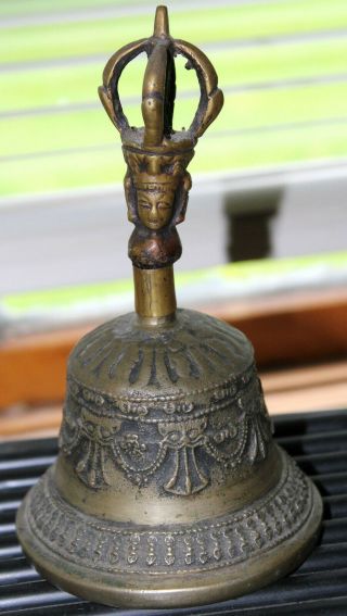 Antique Bronze Tibetan Buddha Buddhist Temple Bell W/ Characters Inside