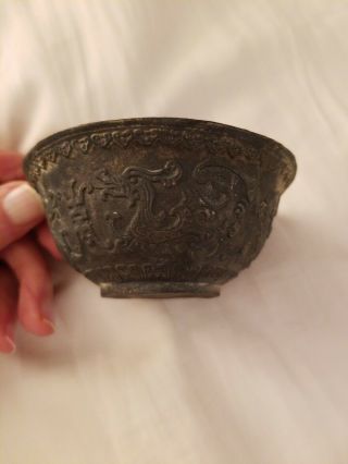 Chinese Ming Bronze Bowl With Relief Mystical Dragons