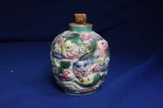 Antique Chinese Snuff Bottle With Raised Foo Dogs Calligraphy Signed No Chips