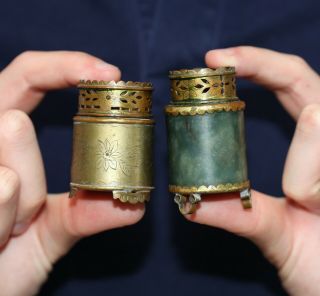 Antique Chinese Bronze,  Paktong & Jade Pipe Burners,  Qing Dynasty,  19th Century.