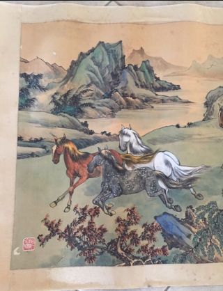 Antique Chinese Signed Watercolor Painting Hand Scroll Horses Large 65 "