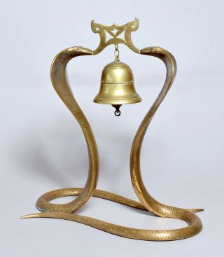 A Very Unusual Large Antique Indian Cobra Snake Brass Table Bell Gong
