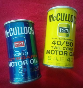 Two Full Vintage Mcculloch Motor Oil Cans Pat.  Pending Lift Pull Ring Top 1960 