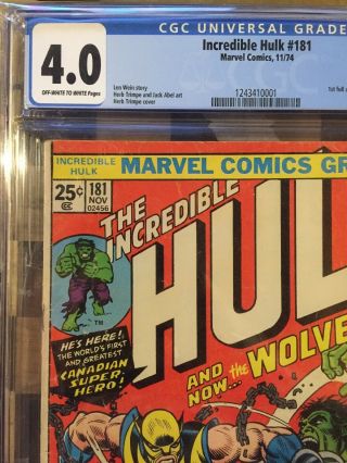 Incredible Hulk 181 - CGC 4.  0 VG - Marvel 1974 - Wendigo - 1st App of Wolverine 3