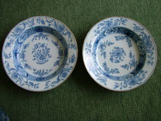 Pair Antique Chinese Porcelain Blue And White Plate Bowl 18thc