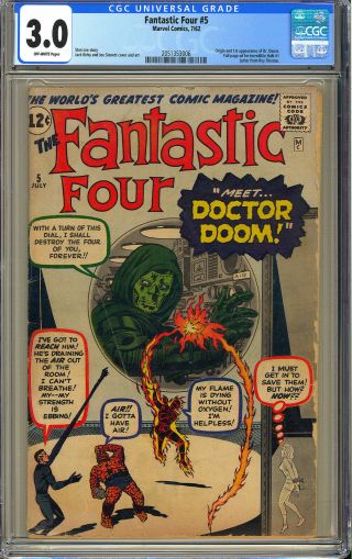 Fantastic Four 5 Origin & 1st App.  Dr Doom Silver Age Marvel Comic 1962 Cgc 3.  0