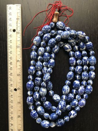 Fine Old Very Long 56” Chinese Blue White Shou Longevity Porcelain Bead Necklace