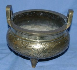Very Fine Antique Chinese Bronze Censer With Handles & Signed 6 Character Mark