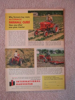Vintage 1951 Ih Mccormick Farmall Cub Cubs One - Plow Farm Tractor Print Ad