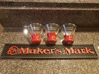 Set Of 3 Makers Mark Red Wax Martini Bourbon Whiskey Cocktail Glasses W/ Bar Mat