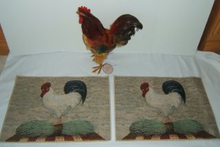 Realistic Rooster Chicken Real Feather Prop Farm Animal Decor,  2 Place Mats 2