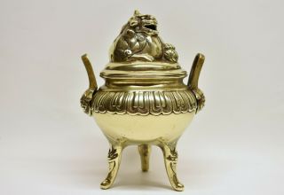 Antique 19th Century Chinese Bronze Brass Tripod Incense Burner Censer Foo Dog