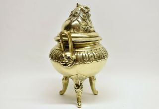 Antique 19th Century Chinese Bronze Brass Tripod Incense Burner Censer Foo Dog 2