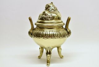 Antique 19th Century Chinese Bronze Brass Tripod Incense Burner Censer Foo Dog 3
