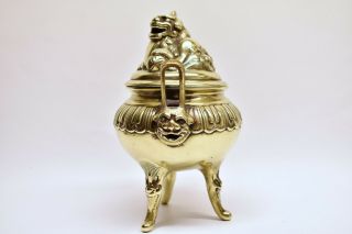 Antique 19th Century Chinese Bronze Brass Tripod Incense Burner Censer Foo Dog 4