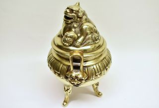 Antique 19th Century Chinese Bronze Brass Tripod Incense Burner Censer Foo Dog 5