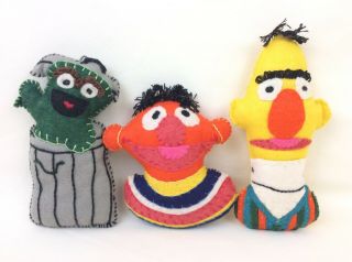 (3) Vintage Sesame Street Muppets Felt Christmas Ornaments Bert Ernie Oscar 6”