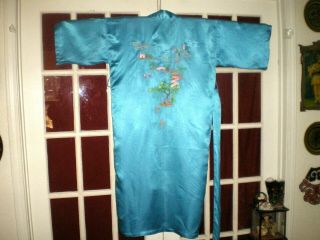 Old Chinese Turquoise 100 Silk Robe/kimono W/hand Embroidered Outdoor Scene