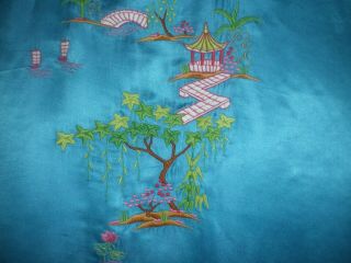 Old Chinese Turquoise 100 Silk Robe/Kimono w/Hand Embroidered Outdoor Scene 5