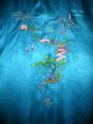 Old Chinese Turquoise 100 Silk Robe/Kimono w/Hand Embroidered Outdoor Scene 6