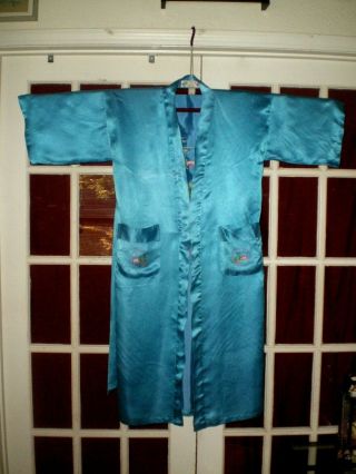 Old Chinese Turquoise 100 Silk Robe/Kimono w/Hand Embroidered Outdoor Scene 7