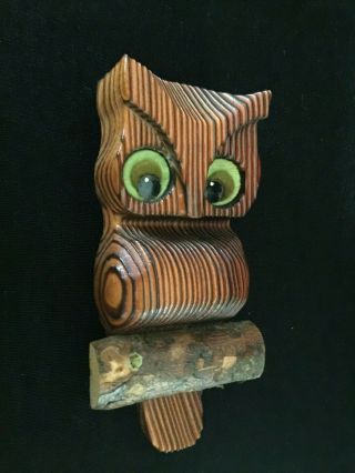 Vintage 60s Wooden Owl Wall Hanging Plaque Carved Wood Felt Eyes Mcm Groovy
