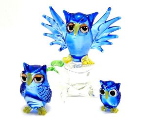 Figurine Miniature Blown Glass Blue Owl Family Animal Collectibles Lampwork Art
