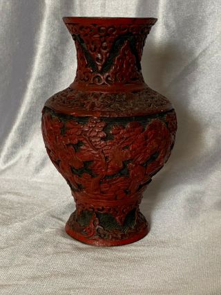 Antique Chinese Red Cinnabar Lacquer Vase In 19th Century