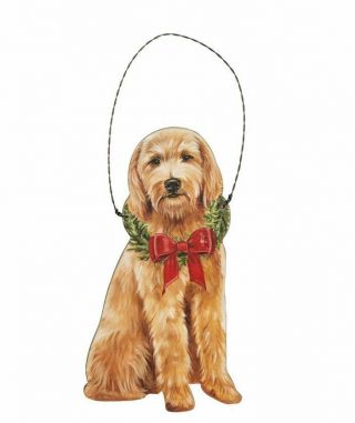 Goldendoodle Dog Holiday Christmas Ornament Wooden 2.  5 " X 5 " Wreath