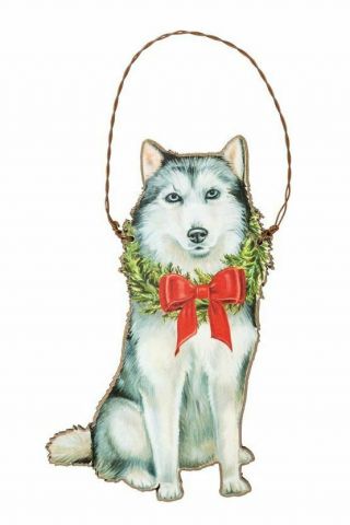 Siberian Husky Dog Holiday Christmas Ornament Wooden 3.  5 " X 5 " Wreath