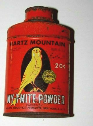 Vintage Hartz Mountain My - T - Mite Powder Tin Canary Parakeet