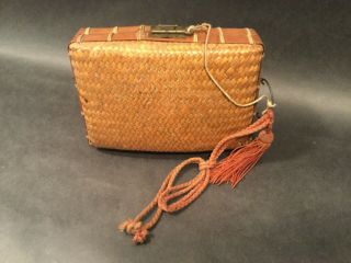 Antique 19th C Japanese Woven Bamboo Bento Lunch Box With Three Tier Metal Liner