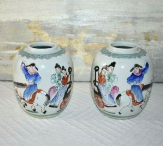 Antique Chinese Porcelain Famille Rose Ginger Jar Vase Pair Hand Painted Signed