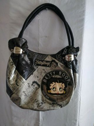 Betty Boop Woman Leather Black And Gray Hand Bag With Logo Large