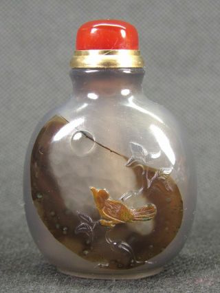 Chinese Small Flower Bird Carved Natural Agate Snuff Bottle