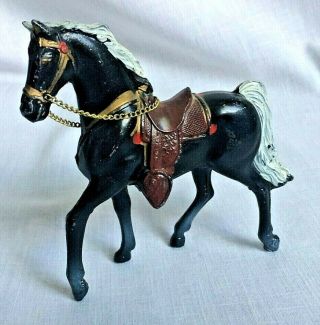 Painted Pot Metal Carnival Prize Horse Figurine Black W/ White Mane Reins Japan