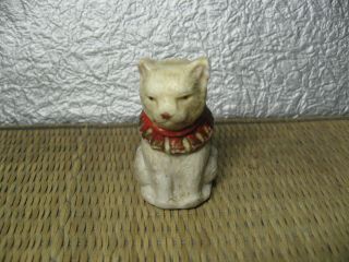 Japanese Okimono Pottery Cat Red Collar Animal Shape made in Meiji era 8