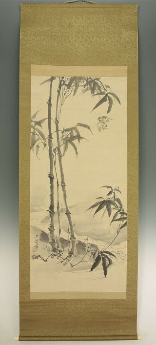 掛軸1967 Japanese Hanging Scroll : Kubota Beisen " Bamboo And Sparrow " @k487