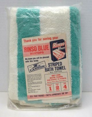 Vintage Cannon Striped Blue Cotton Bath Towel Rinso Blues Box Tops Nos B