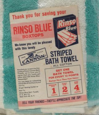 Vintage Cannon Striped Blue Cotton Bath Towel Rinso Blues Box Tops NOS b 2
