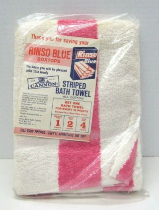 Vintage Cannon Striped Pink Cotton Bath Towel Rinso Blues Box Tops Nos B