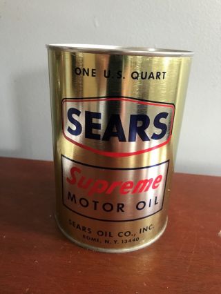 Vintage Metal Sears Supreme Motor Oil 1 Qt Can Empty Factory Display No Holes