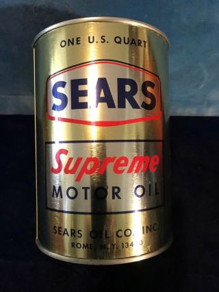 vintage metal SEARS SUPREME MOTOR OIL 1 qt can empty factory display no holes 2