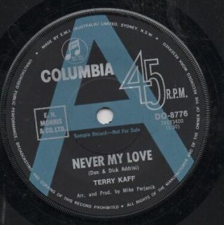 Terry Kaff Rare 1969 Oz Promo Only 7 " Oop Columbia Pop Single " Never My Love "
