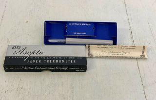 Vtg 1958 Asepto Glass Oral Thermometer & Box B - D Fever Thermometer & Instruction