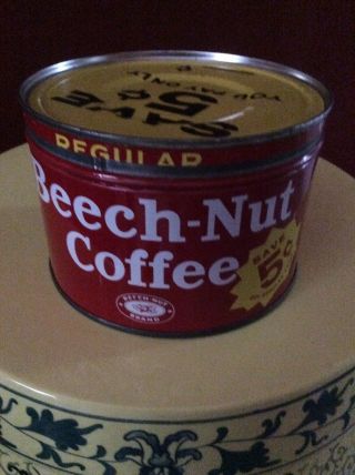 Vintage Beech - Nut Coffee Can Advertising Tin With Unique 5 Cent Off Add