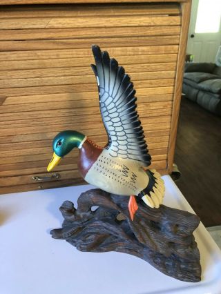 Vintage Hand Carved And Hand Painted Wooden Duck With Driftwood Base