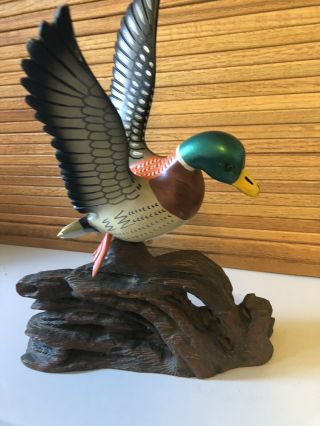 Vintage Hand Carved And Hand Painted Wooden Duck With Driftwood Base 3