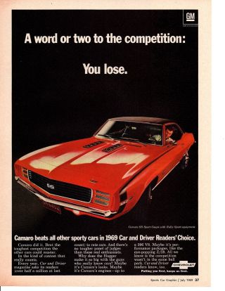 1969 Chevrolet Camaro Rs/ss 350 Print Ad
