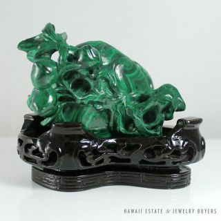 Chinese Carved Malachite Green Tabletop Sculpture With Wooden Base,  Box